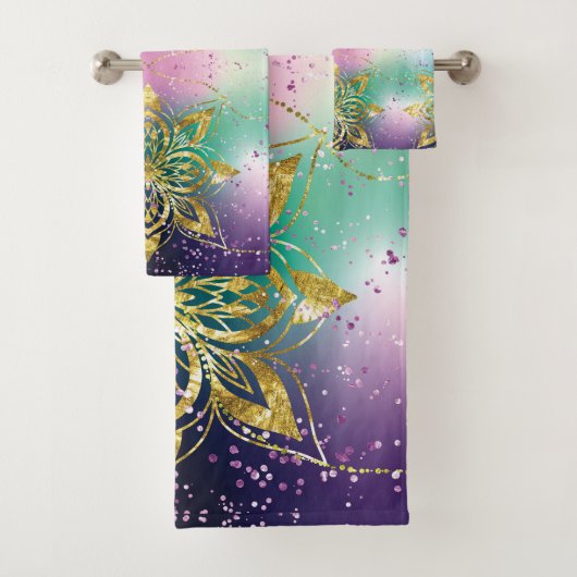 Eleganter Rosa lila grüner Urlaub Snowflakes-Stern Badhandtuch Set (Insitu)