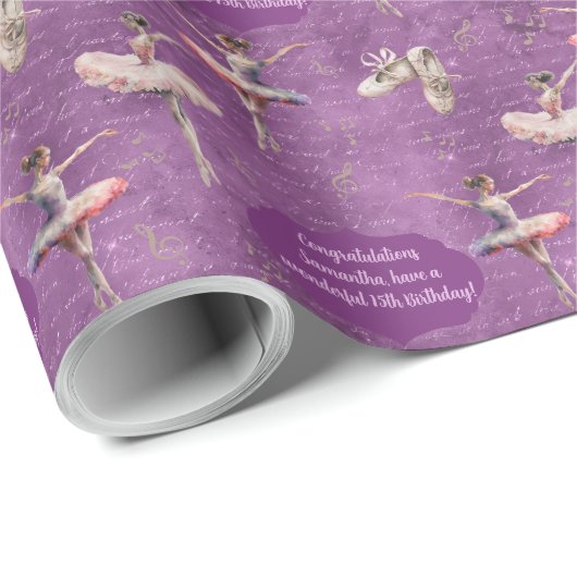 Eleganter, rosa Lila Name Age Text Ballerina Geschenkpapier (Rolleneckpunkt)