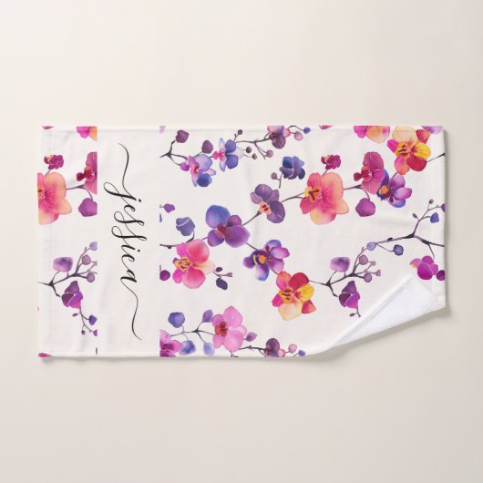 Eleganter rosa Orchideenskriptname Badhandtuch Set (Handtuch)