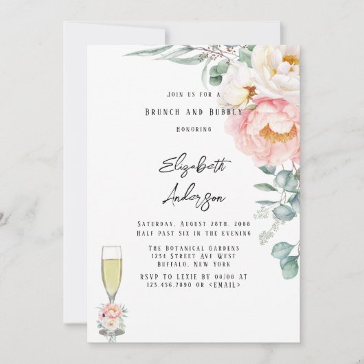 Eleganter Rosa-Peonies Eucalyptus Brunch und Bubbl Einladung (Vorderseite)