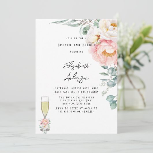 Eleganter Rosa-Peonies Eucalyptus Brunch und Bubbl Einladung (Stehend Vorderseite)