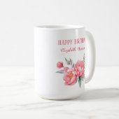 Eleganter rosa Peony Botanical Birthday Kaffeetasse (VorderseiteRechts)