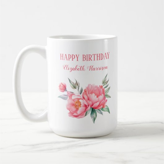 Eleganter rosa Peony Botanical Birthday Kaffeetasse (Links)