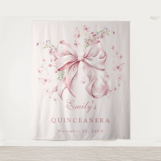 Eleganter Rosa Perlen Perlen Quinceanera Geburtsta Wandteppich (Vorderseite)