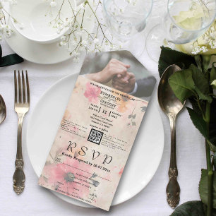 Eleganter rosa Pfirsich-Aquarell-Blumen-QR-Code-Fo All In One Einladung