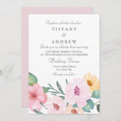 Eleganter, rosa Pfirsichgelb, florale Hochzeitsemp Einladung (Vorne/Hinten)