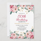 Eleganter Rosa Pink Peony Floral Gold Leaf Geburts Einladung (Vorderseite)