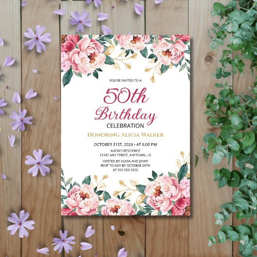 Eleganter Rosa Pink Peony Floral Gold Leaf Geburts Einladung