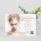 Eleganter rosa Prinzessin QR Code Quinceañera Einladung (Stehend Vorderseite)
