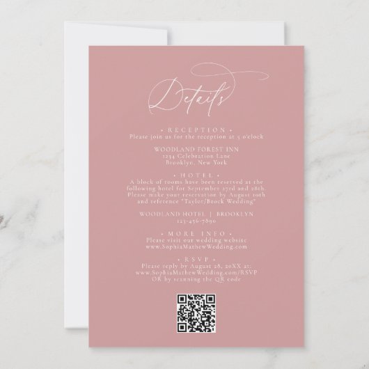 Eleganter rosa QR-Code bei einer Hochzeit Einladung (Rückseite)