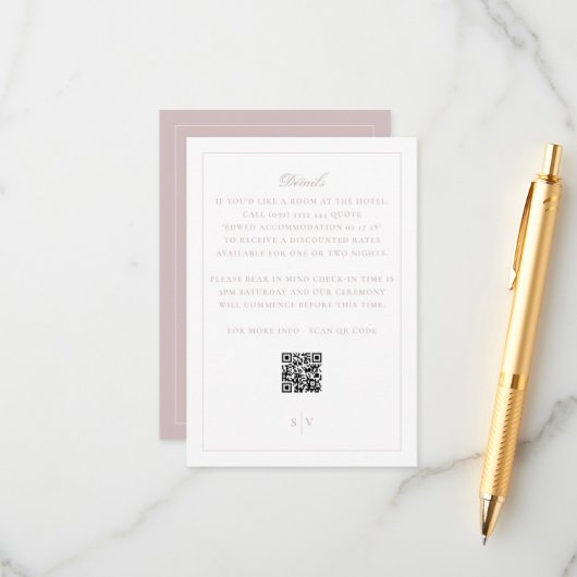 Eleganter Rosa QR-Code Hochzeitsdetails Begleitkarte (Vorderseite/Rückseite Beispiel)