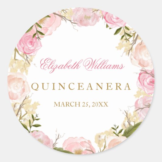Eleganter Rosa-Quinceanera-Sticker Runder Aufkleber (Vorderseite)
