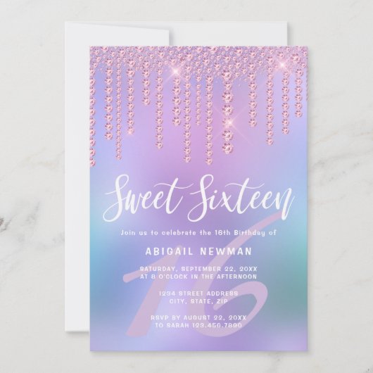Eleganter Rosa-Rosa-Diamant-Tropfen 16 . Geburtsta Einladung (Vorderseite)