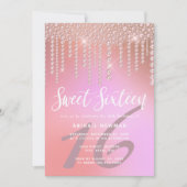 Eleganter Rosa-Rosa-Diamant-Tropfen 16 . Geburtsta Einladung (Vorderseite)