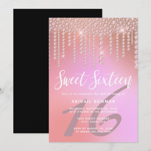 Eleganter Rosa-Rosa-Diamant-Tropfen 16 . Geburtsta Einladung (Vorne/Hinten)