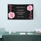 Eleganter Rosa Rose Blumen Schwarzer Geburtstag Wi Banner (Messeveranstaltung)