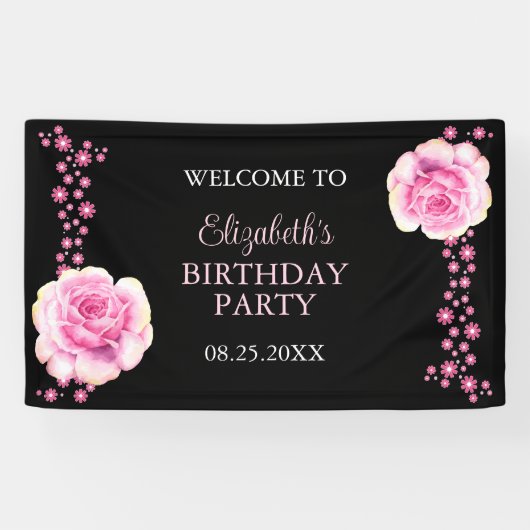 Eleganter Rosa Rose Blumen Schwarzer Geburtstag Wi Banner (Horizontal)