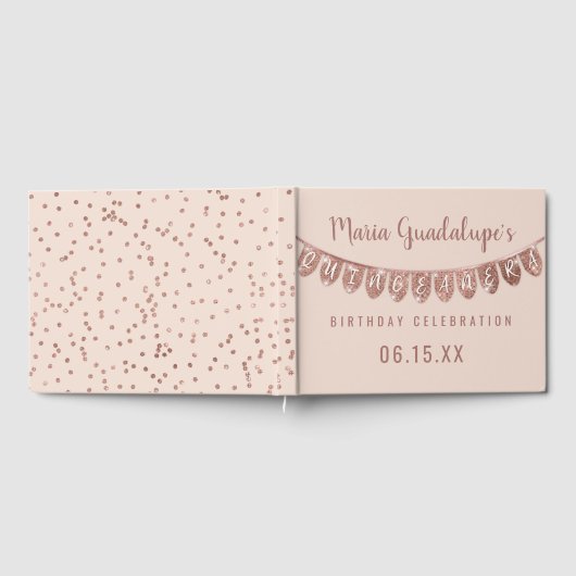 Eleganter Rosa Rose Gold Glitzer Banner Quinceañer Gästebuch (Voll)