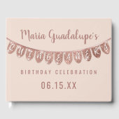 Eleganter Rosa Rose Gold Glitzer Banner Quinceañer Gästebuch (Vorderseite)