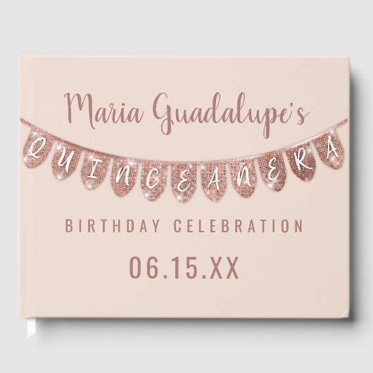 Eleganter Rosa Rose Gold Glitzer Banner Quinceañer Gästebuch (Vorderseite)