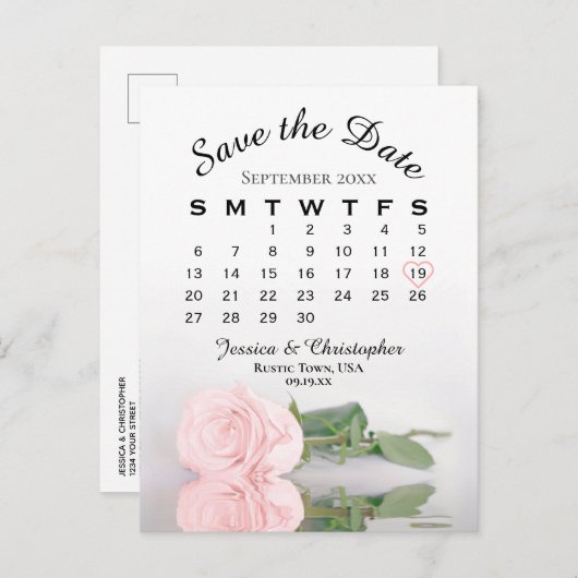 Eleganter Rosa Rose Hochzeitkalender Save the Date Ankündigungspostkarte (Vorne/Hinten)