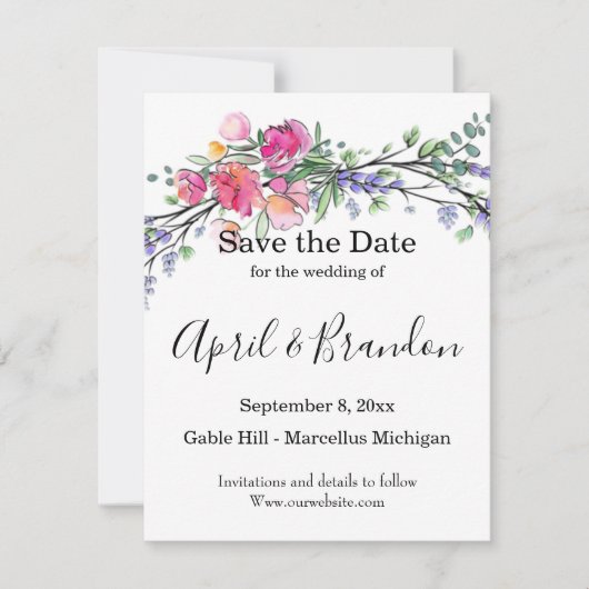 Eleganter rosa Rosen Aquarelllavender boho Save The Date (Vorderseite)