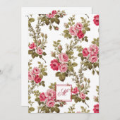 Eleganter rosa Rosen mit monogramm-weißem Hintergr Mitteilungskarte (Vorne/Hinten)