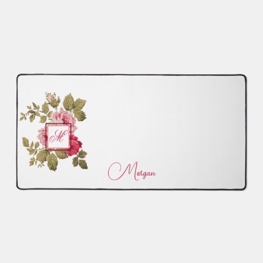 Eleganter rosa Rosen mit monogramm-weißem Hintergr Schreibtischunterlage (Vorderseite)