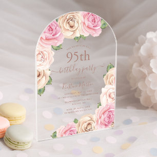 Eleganter rosa Rosenblumenbogen zum 95. Geburtstag Acryleinladungen