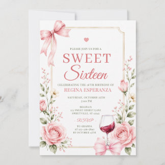 Eleganter rosa Schleifen-Blumen-Sweet-Sixteen-Gebu Einladung