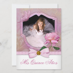 Eleganter rosa Schmetterling Foto Quinceanera Einladung