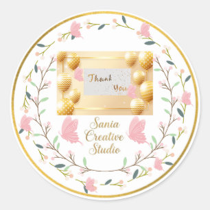 Eleganter Rosa Schmetterling & Goldene Ballons Dan Runder Aufkleber