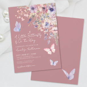 Eleganter Rosa Schmetterling Wildblumen-Baby-Party Einladung