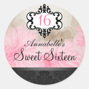 Eleganter Rosa & Schwarz Blütenchic Sweet 16 Aufkl Runder Aufkleber