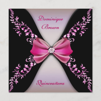 Eleganter rosa Schwarzer Diamantbow Quinceanera Einladung