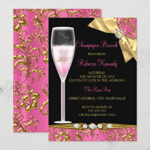 Eleganter rosa schwarzer Gold-Damask Champagner-Br Einladung