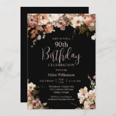Eleganter Rosa Schwarzes Wasser Farbe Floral 90. G Einladung (Vorne/Hinten)