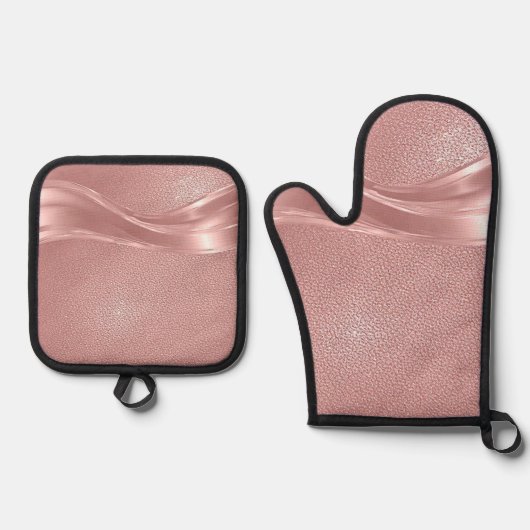 Eleganter rosa Shimmer Hintergrund mit metallische Ofenhandschuh & Topflappen-Set (Vorderseite)