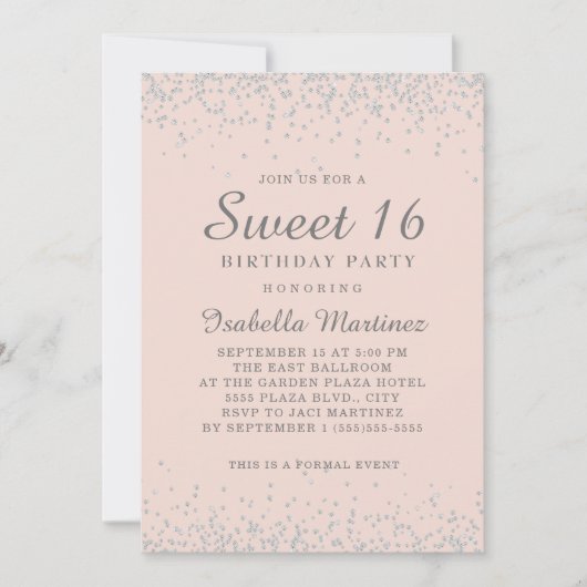 Eleganter Rosa Silberer Glitzer Sweet 16 Einladung (Vorderseite)