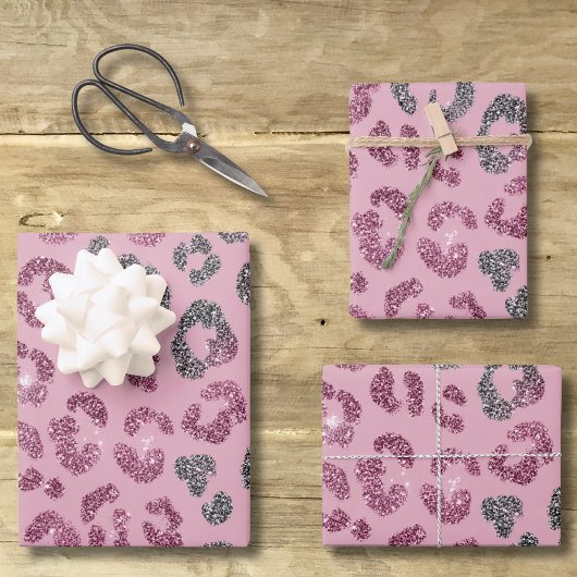 Eleganter rosa silberner Glitter-Leopard auf Roség Geschenkpapier Set