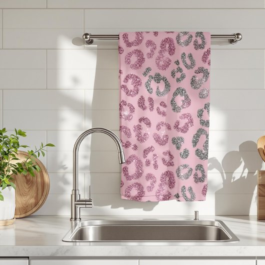 Eleganter rosa silberner Glitter-Leopard auf Roség Geschirrtuch