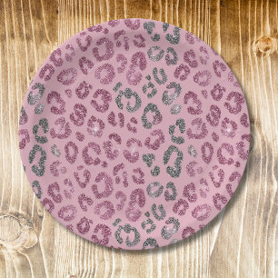 Eleganter rosa silberner Glitter-Leopard auf Roség Pappteller