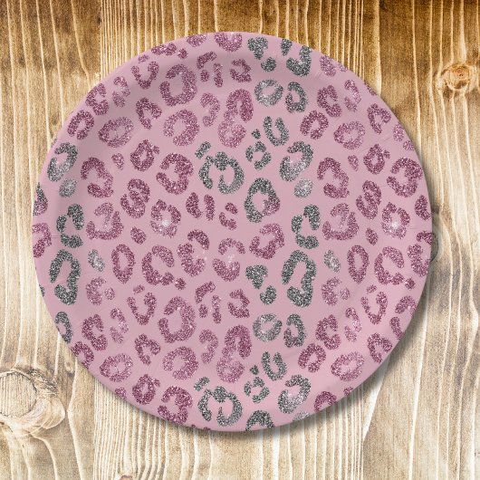 Eleganter rosa silberner Glitter-Leopard auf Roség Pappteller