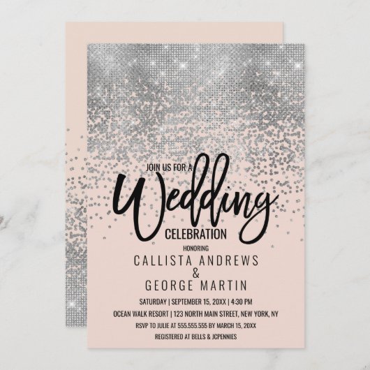 Eleganter rosa Silberner Glitzer Confetti Wedding Einladung (Vorne/Hinten)