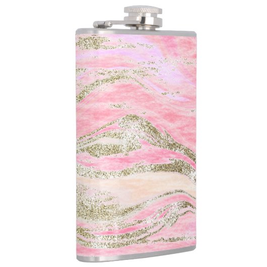 Eleganter rosa Silberner Glitzer Marmordesign Chic Flachmann (Rechts)