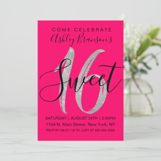 Eleganter rosa silberner Sequin-Glitzer-Neonbonbon Einladung (Stehend Vorderseite)