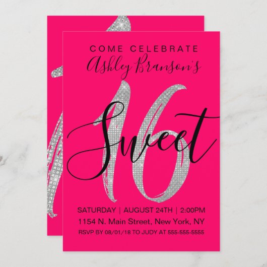 Eleganter rosa silberner Sequin-Glitzer-Neonbonbon Einladung (Vorne/Hinten)