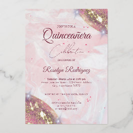 Eleganter Rosa und Gold Quinceñera Geburtstag Folieneinladung
