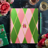 Eleganter rosa und grüner Argyle-Monogramm-Planer Planer