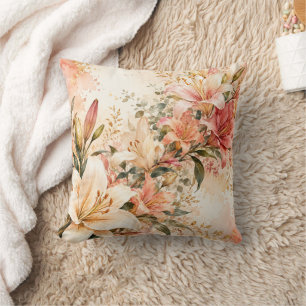 Eleganter Rosa- und Korallen-Aquarell-Liliengarten Kissen